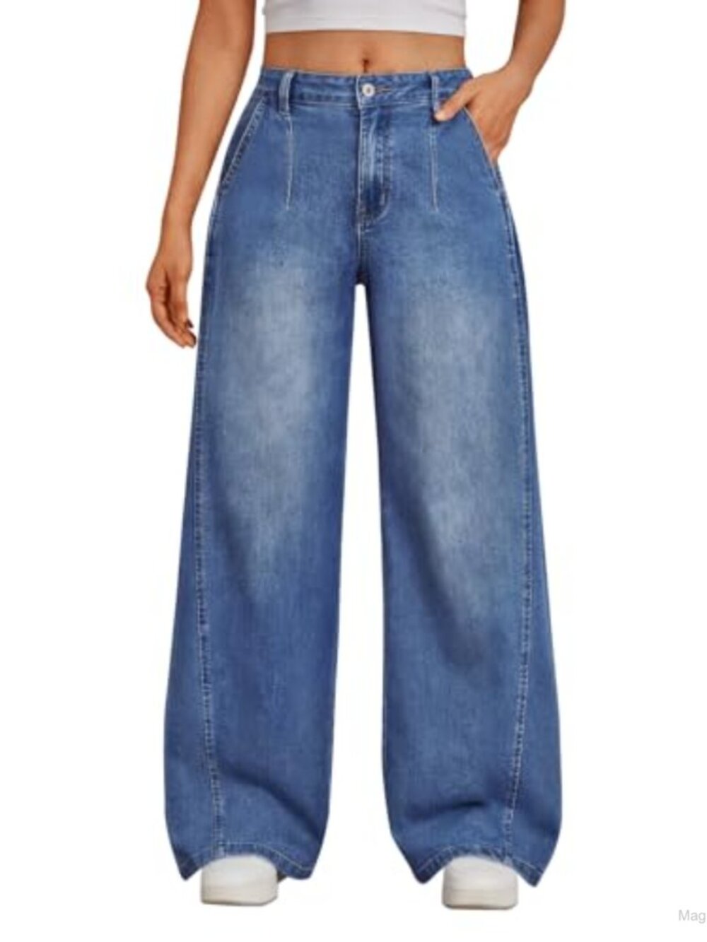 Wide Leg Jeans With Side Pleats Baggy Casual Denim Pants